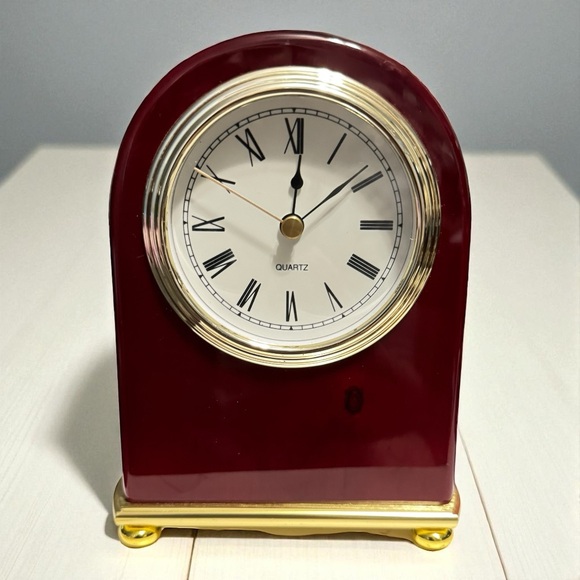 Gold & Burgundy Decorative Table Clock w/ Gold Base 7” Tested & Working - Picture 1 of 10
